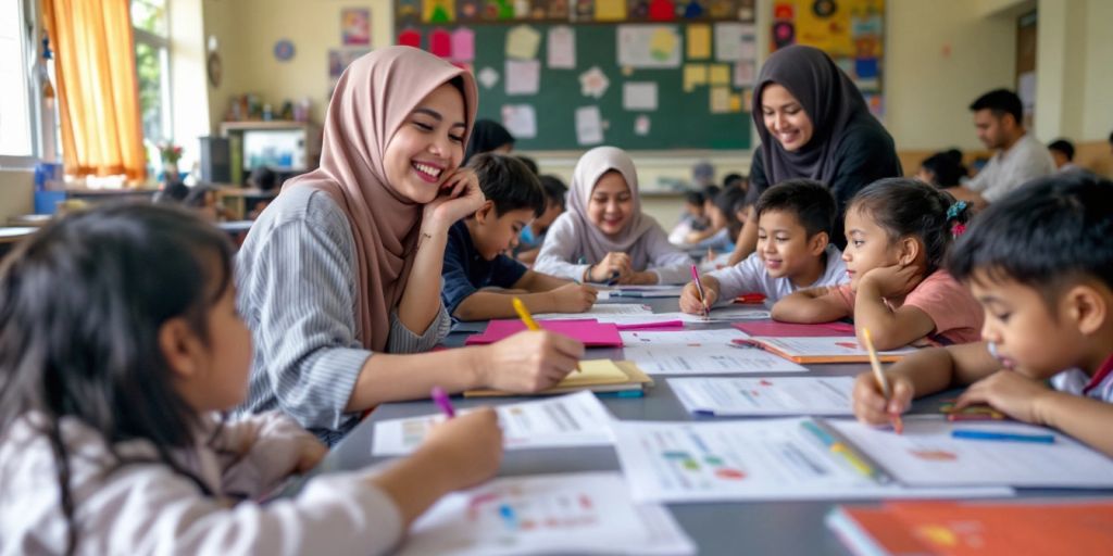 Kelas ceria dengan siswa aktif dan guru perhatian.