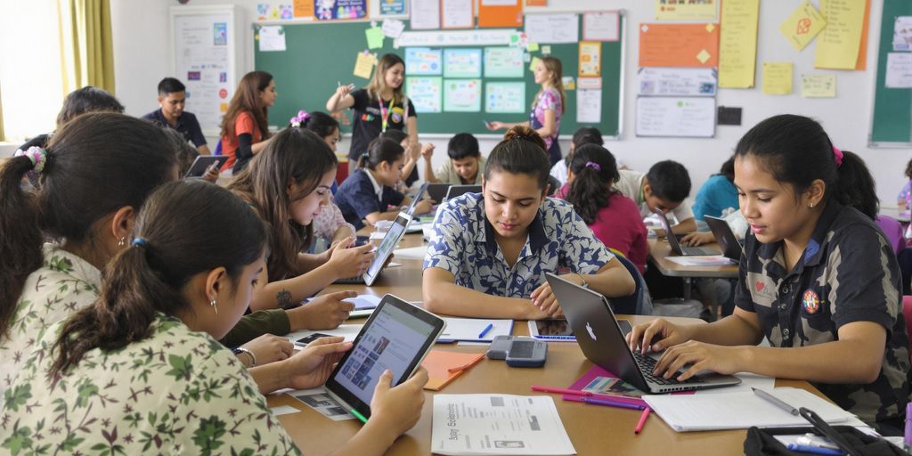 Kelas berwarna cerah dengan siswa menggunakan teknologi modern.